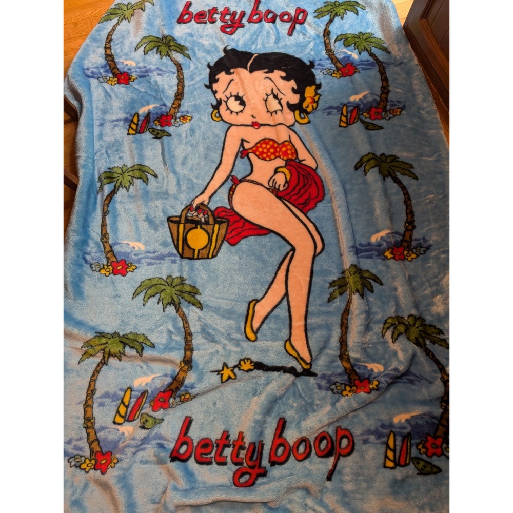 Vintage Betty Boop Bikini Plush Blanket Sz 128"x 60" Queen Palm Trees Beach Vaca